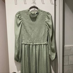 Sage Green Smocked Long Sleeve Midi Dress